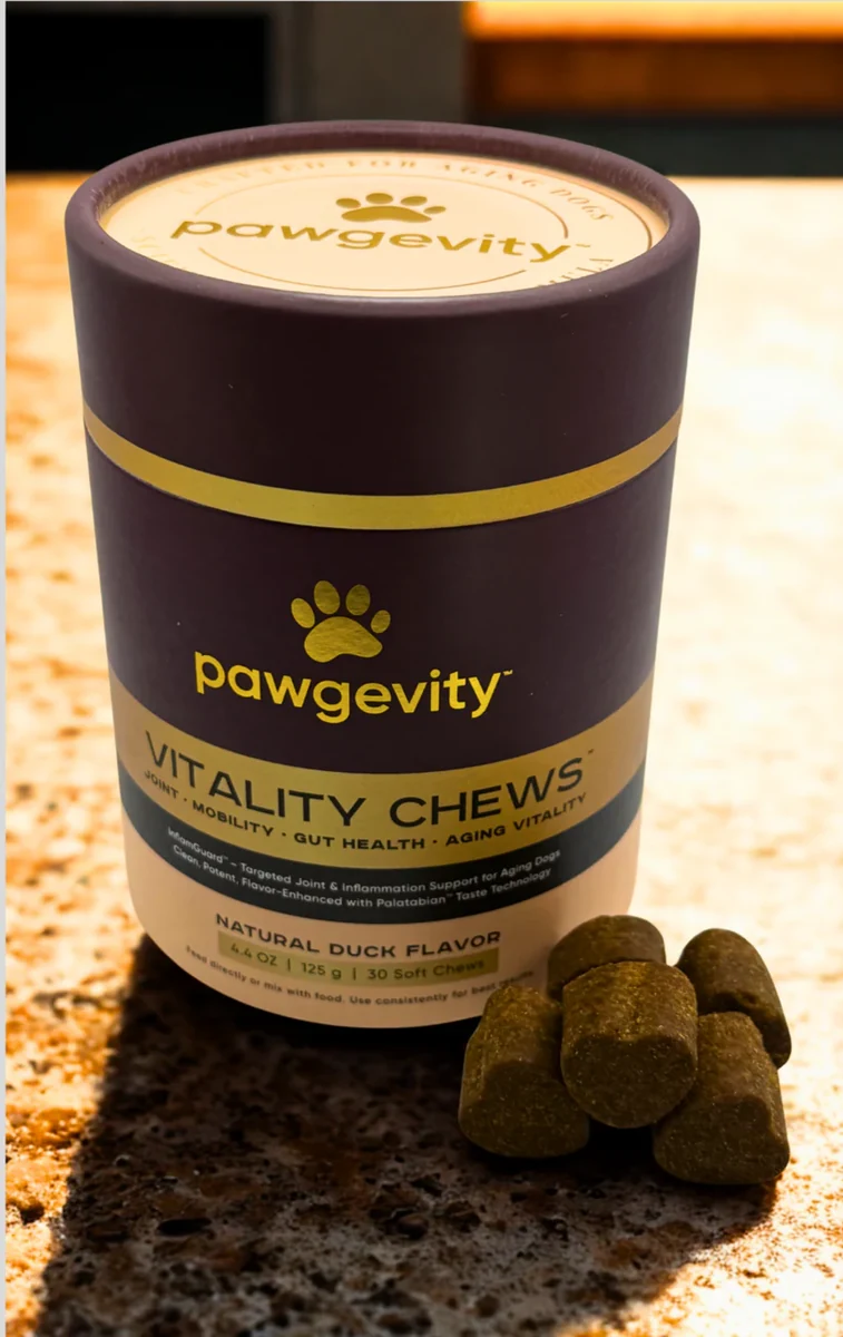 Pawgevity Vitality Chews canister and soft chews